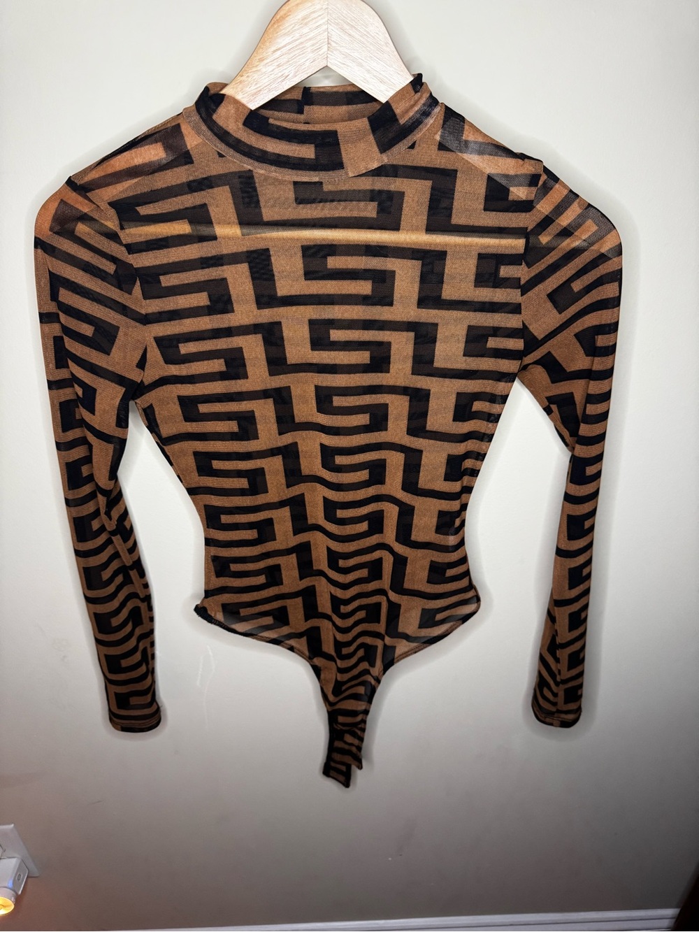 Timing Brown & Black Geometric Long-Sleeve Bodysuit